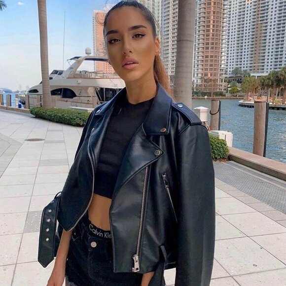 Zara Faux Vegan Leather Biker Jacket Black Size Large - Picture 1 of 8